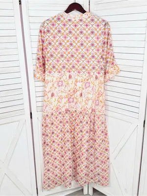 Dolma Kelly Floral Boho Tiered Midi Dress Pink Orange Large Cotton Mosaic thumbnail 9