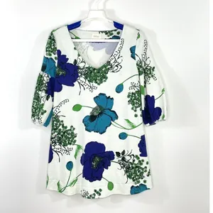 Anthropologie Deletta Haru Size Medium Floral Tunic Top Blue Green Puff Sleeve thumbnail 4