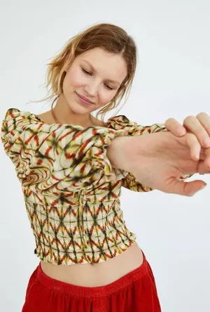 Urban Outfitters Old Soul Multi Colored Smocked Crop Top UO Size Large M‎ thumbnail 1