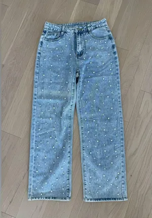 Women's Light Blue Pearl Beaded Slightly Flare Jeans thumbnail 11