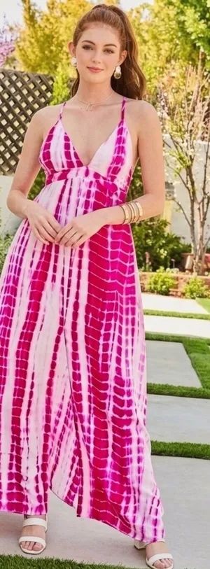 NEW Main Strip Tie-Dye halter Maxi Dress open back Pink beach SMALL thumbnail 1