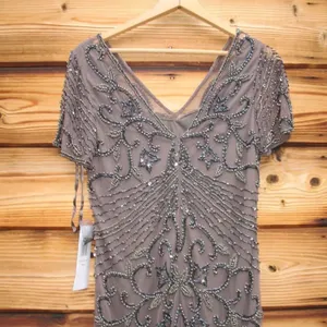 NWT Pisarro Nights Size 8 Beaded Mesh Column Gown Aluminum thumbnail 11