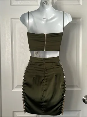 Olive Green Satin Lace-Up Side-Chain Mini Skirt thumbnail 3
