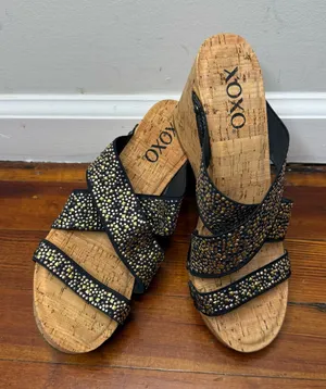 XOXO Black Multi-Stud Cork Wedge Sandals thumbnail 1