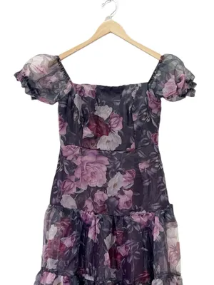 NWT Lulus Delightful Expression Maxi Dress Sz Medium Black Purple Floral Organza thumbnail 6