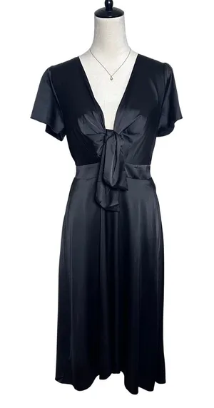 Baltic Born Poppy Satin Midi Dress Black Short Sleeve Tie Front‎ V-Neck Medium thumbnail 1
