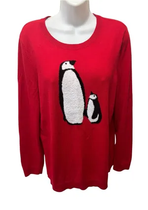 Talbots Cashmere Blend PENGUINS Knit Sweater Sz L Red CrewNeck Fuzzy Soft Lightw thumbnail 1