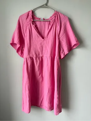 Old Navy Cotton Short Sleeve Split Neck Pink Summer Swing Dress Mini Dress L thumbnail 2