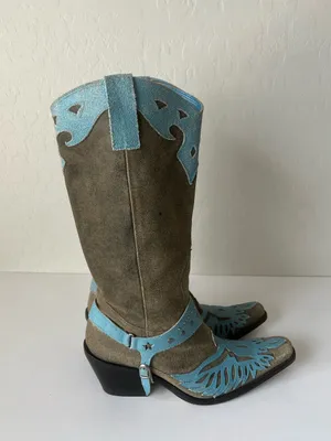MIA Vintage 90s Suede Leather Firebird Western Cowgirl Boots Tan Blue Size 6 thumbnail 2