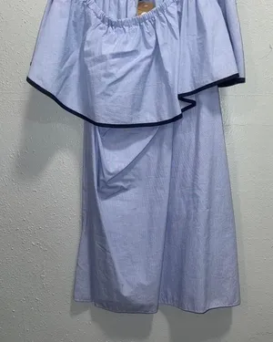 J.Crew Off the Shoulder Ruffle Mini Dress Light Blue Navy‎ Trim XS thumbnail 1