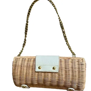 Vintage Woven Wicker Handbag Made In British Hong Kong w/ Leather Trim & Handles thumbnail 2