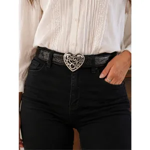 Vintage Brighton Black Croc Embossed Leather Belt Heart Scroll Buckle USA Sz 38 thumbnail 2