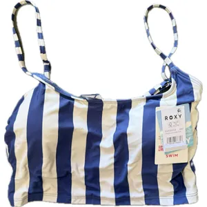 NWT Roxy Cropped Swim Tank Top Blue White Stripe UPF 50 Quick Dry Medium thumbnail 3