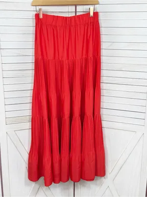 Outback Red Tiered Pleated Maxi Skirt Coral Orange Red XS Flowy Boho Tomato Girl thumbnail 8