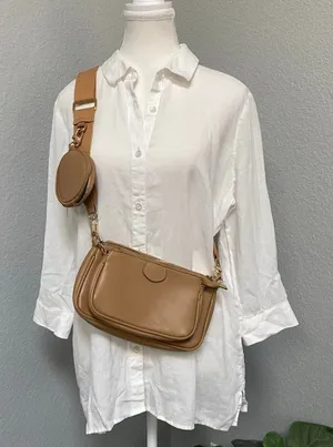 Tan Faux Leather Shoulder Bag Set With Coin Purse Adjustable Strap thumbnail 1