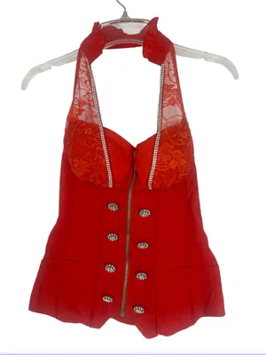 Vintage Y2k Lydia Usa Red Rhinestone Sailor Halter Corset Top thumbnail 2