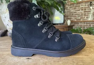 UGG Black Suede Shearling Hiker Boots Women Size 5 US 37 EU Lace Up Zip Winter thumbnail 1