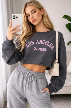 Garage LA Cropped Sweatshirt Charcoal Pink Graphic California XS thumbnail 1