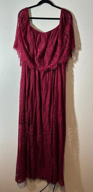 Holipick XXL Magenta Pink Flutter Sleeve Lace Overlay Off-Shoulder Maxi Dress thumbnail 1