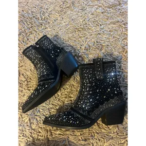 ISNOM Rhinestone Studded Cowboy Boot Black Women's Size 6 36 Shoes COUNTRY thumbnail 3