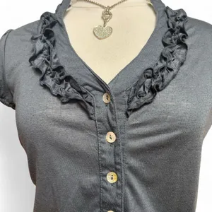 Self Esteem Vintage Y2K Women’s Deadstock Gray Button Up Top with Ruffle detail size M thumbnail 2