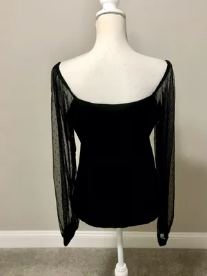 NWT Sheer Dot Mesh Sleeve Black Women's Top thumbnail 5