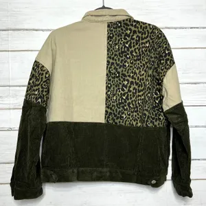 Umgee Color Block Corduroy Jacket Leopard Print Shacket Green Size Small thumbnail 3