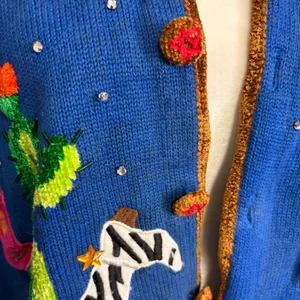 Vintage Western Cactus Cowboy Boot Embroidered Cardigan Blue Chenille Fringe L thumbnail 4