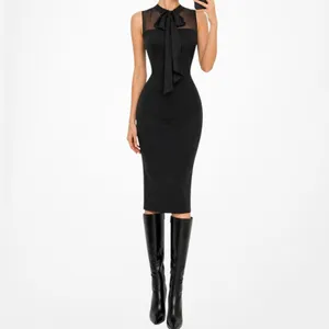 Vintage Y2K Black Sleeveless Bow Tie Knee Length Mesh Bodycon Cocktail Dress M thumbnail 2