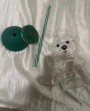UNBRANDED glass bear cup with lid, beanie, and straw thumbnail 2