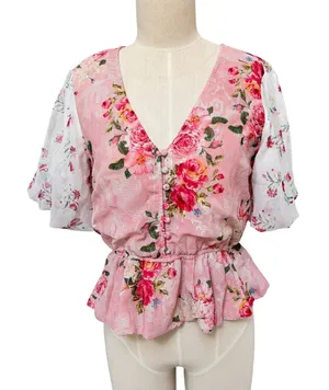 Anthropologie Hemant & Nandita Rose Garden Peplum V-Neck Floral Blouse Small thumbnail 1
