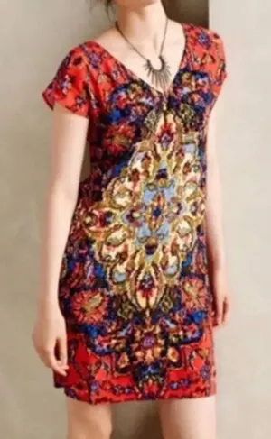 Maeve Anthropologie Dress XS Red Tunic Abstract Print V Neck Mini thumbnail 1