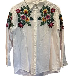 White Floral Embroidered Button Down Shirt Long Sleeve Boho‎ Cottagecore Blouse thumbnail 1