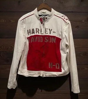 Harley-Davidson Vintage Y2K Women's White Motorcycle Jacket XL Eagle Graphic thumbnail 1