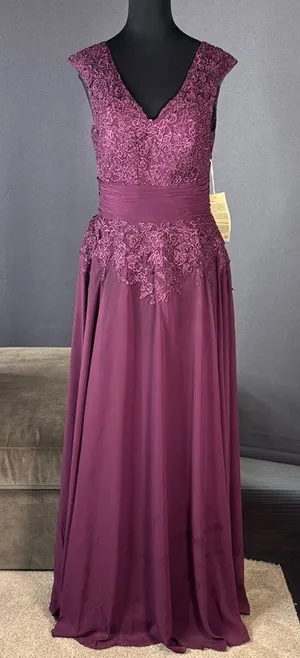 Women’s Chiffon & Lace Appliqué Full Length V-Neck Formal Dress Zip Back Size 6 thumbnail 1