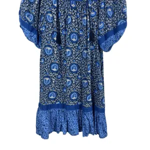 Old Navy Blue Boho Peasant Dress Women L Floral Tassel Cottagecore Festival thumbnail 3