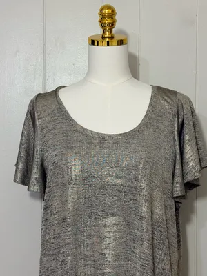 By Anthropologie Shimmer Knit Flutter Sleeve Metallic Top Silver XL thumbnail 3