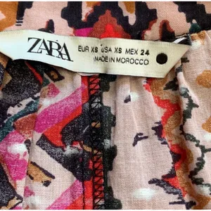 Zara Angie Belted Abstract Print Mini Dress Pink Red Boho‎ Ruffle Drop Waist XS thumbnail 9