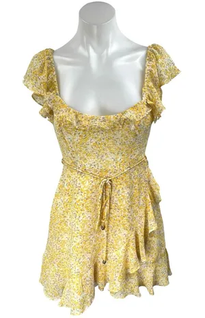 Debbie Dabbie Yellow Flutter Sleeve Ruffle Tie Waist Mini Fit & Flare Dress Sz 6 thumbnail 1