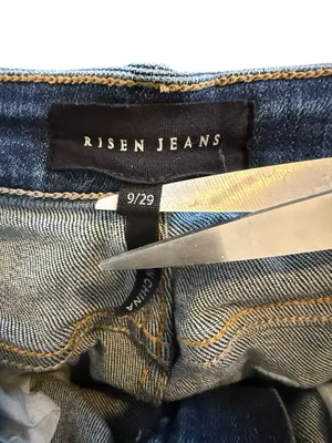 Risen Jeans Women’s 9/29 Mid Rise Distressed Bootcut Jeans Raw Hem Stretch Denim thumbnail 7