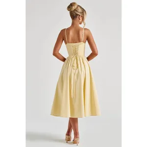 NWT Babyboo Mariella Lemon Yellow Lace Up Corset Fit & Flare Midi Dress Size XS thumbnail 4