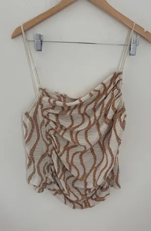 Free People Ruched Textured Wavy Camisole Top‎ Ivory Tan XL thumbnail 1