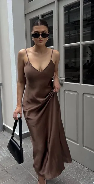 Zara dress midi maxi satin wedding lingerie chocolate brown party cocktail thumbnail 1