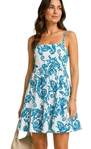 Alice + Olivia Khira Embroidered Mini Dress Bow Back Ivory Turquoise Size 8 Flaw thumbnail 1