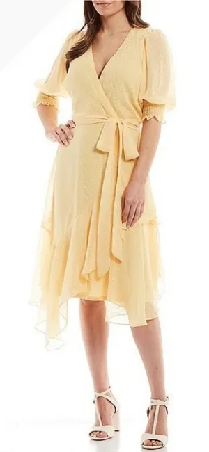 Maison Tara Midi Dress Women 14 Yellow Clip Dot Faux Wrap Puff Sleeve Boho thumbnail 1
