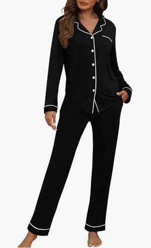 NEW Black Pajama Set Long Sleeve Sleepwear Night Wear S thumbnail 1