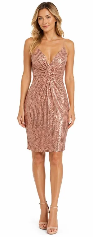 Liv Foster - Rosy‎ Peach Sequin Draped Plunge V-Neck Mini Dress thumbnail 1