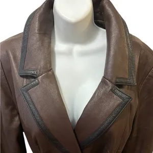 VTG Brown Leather Trench Coat Belted Contrast Trim Minimalist Chic Sz 16 Lined thumbnail 12