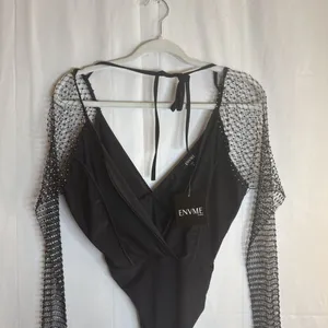 ENVME BLACK STRETCH RHINESTONE MESH BODYSUIT SNAP CROTCH Size Small NWT thumbnail 15