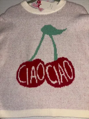 A New Day…Soft White And Pink Knit Pull Over Sweater With Red Cherry Graphic Nwt thumbnail 3
